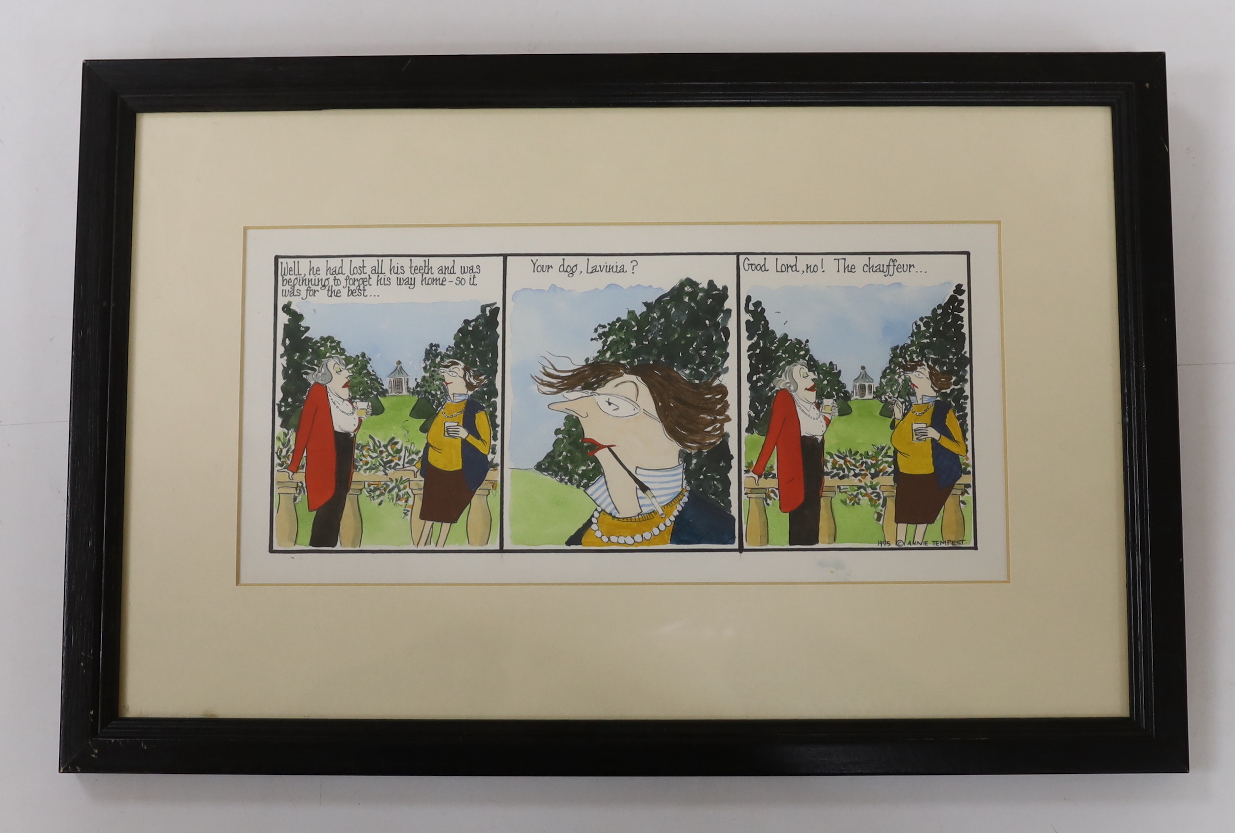 Annie Tempest (b.1959) original watercolour cartoon, women in a garden landscape, from ‘Tottering by Gently’, signed, 14 x 29cm